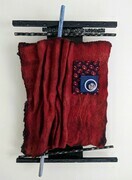 Off Balance, 42x26 cm, nuno felt, repurposed silk ties, wood and metal - SOLD